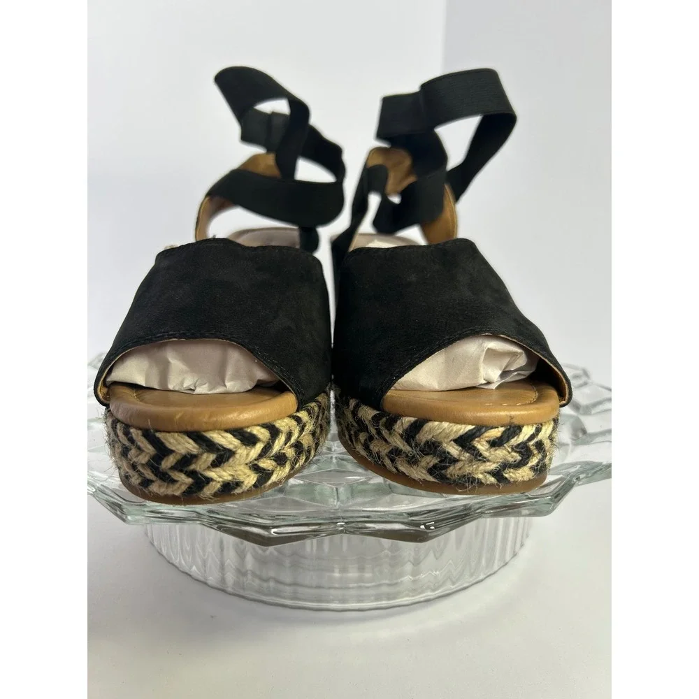 Lucky Brand LK-Bettanie Black Suede Espadrille‎ Wedge Wrap Ankle Sandals